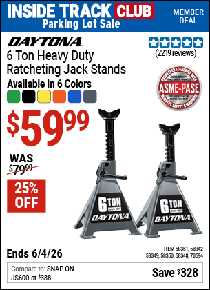 Harbor Freight Coupons, HF Coupons, 20% off - DAYTONA 6 Ton Heavy Duty Ratcheting Jack Stands for $59.99