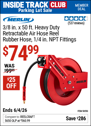 Harbor Freight Coupons, HF Coupons, 20% off - 3/8 in. x 50 ft. Premium Retractable Air Hose Reel