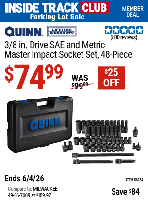 Harbor Freight Coupons, HF Coupons, 20% off - QUINN 3/8 in. Drive SAE & Metric Master Impact Socket Set, 48 Piece for $79.99