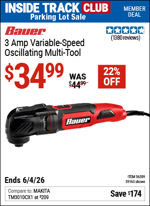 Harbor Freight Coupons, HF Coupons, 20% off - BAUER 3 Amp Variable Speed Oscillating Multi-Tool 