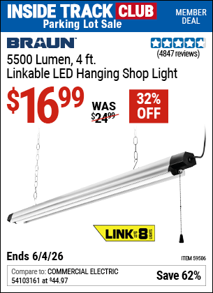 Harbor Freight Coupons, HF Coupons, 20% off - BRAUN 5500 Lumen 4 ft. Linkable LED Hanging Shop Light 