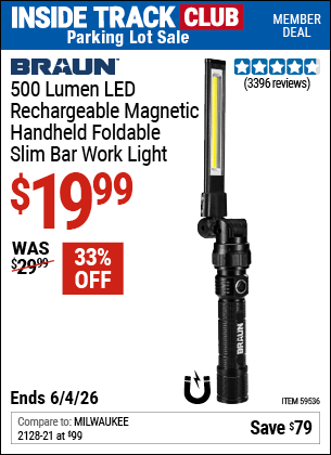 Harbor Freight Coupons, HF Coupons, 20% off - BRAUN 500 Lumen LED Rechargeable Magnetic Handheld Foldable Slim Bar Work Light 