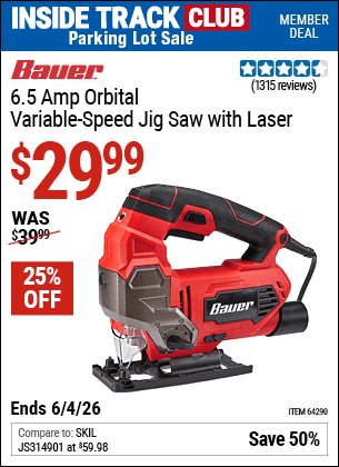 Harbor Freight Coupons, HF Coupons, 20% off - Bauer 6.5 Amp Heavy Duty Tool-free Variable Speed Orbital Jig Saw