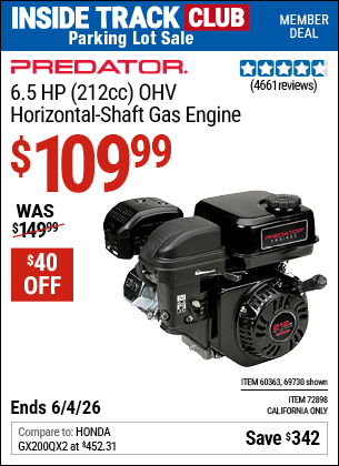 Harbor Freight Coupons, HF Coupons, 20% off - 6.5 Hp (212 Cc) Ohv Horizontal Shaft Gas Engines