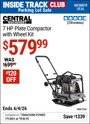 Harbor Freight Coupons, HF Coupons, 20% off - CENTRAL MACHINERY 6.5 HP Plate Compactor with Wheel Kit for $629.99