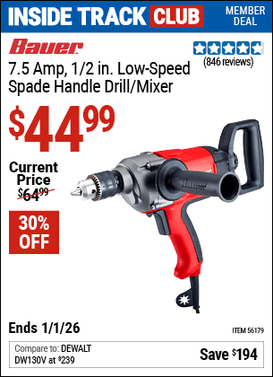 Harbor Freight Coupons, HF Coupons, 20% off - BAUER 1/2 in. Heavy Duty Low Speed Spade Handle Drill/Mixer