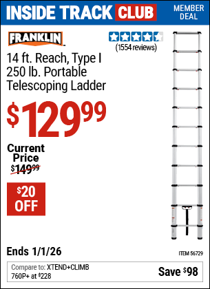 Harbor Freight Coupons, HF Coupons, 20% off - FRANKLIN Portable 14 Ft. Telescoping Ladder for $99.99