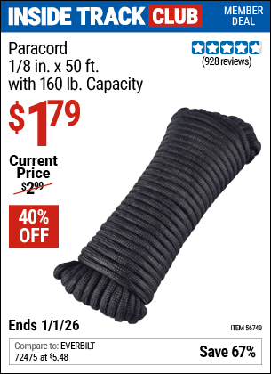 Harbor Freight Coupons, HF Coupons, 20% off - 1/8 in.  x 50 ft.  Paracord