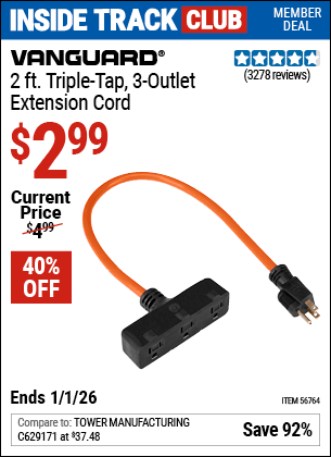 Harbor Freight Coupons, HF Coupons, 20% off - Vanguard 2 ft. Triple Tap 3-Outlet Extension Cord for $3.99