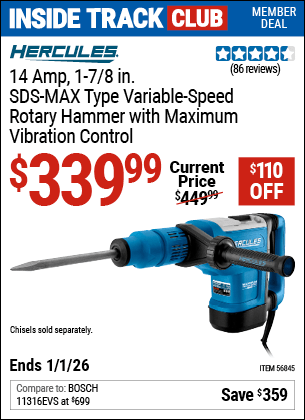Harbor Freight Coupons, HF Coupons, 20% off - HERCULES 14 Amp 1-7/8 in. SDS Max-Type Variable Speed Rotary Hammer for $349.99