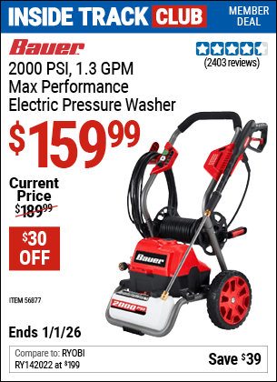 Harbor Freight Coupons, HF Coupons, 20% off - BAUER 2000 PSI Max Performance Electric Pressure Washer for $159.99