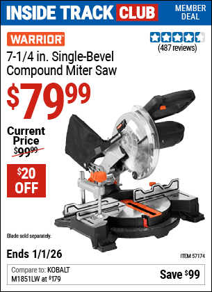 Harbor Freight Coupons, HF Coupons, 20% off - WARRIOR 7-1/4 in. Compound Single Bevel Miter Saw for $69.99