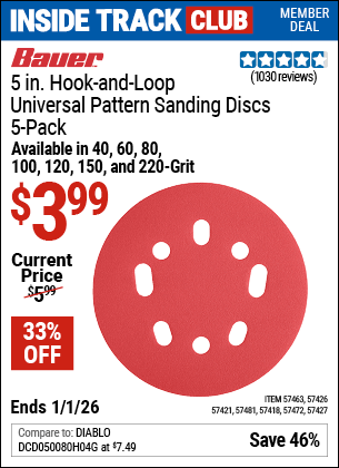 Harbor Freight Coupons, HF Coupons, 20% off - BAUER 5 in. 120 Grit Hook and Loop Universal Pattern Sanding Discs 