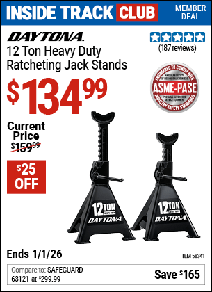 Harbor Freight Coupons, HF Coupons, 20% off - DAYTONA 12 Ton Heavy Duty Ratcheting Jack Stands, Black for $129.99