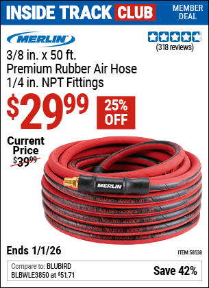 Harbor Freight Coupons, HF Coupons, 20% off - MERLIN 3/8 in. x 50 ft. Premium Rubber Air Hose for $29.99