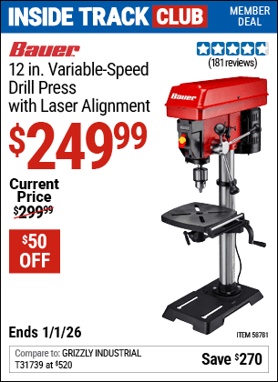 Harbor Freight Coupons, HF Coupons, 20% off - BAUER 12 in. Variable-Speed Drill Press with Laser Alignment for $249.99