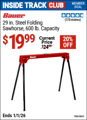 Harbor Freight Coupons, HF Coupons, 20% off - BAUER 600 lb. Capacity Folding Steel Sawhorse 