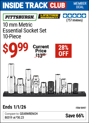 Harbor Freight Coupons, HF Coupons, 20% off - PITTSBURGH 10mm Metric Essential Socket Set for $9.99