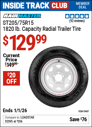 Harbor Freight Coupons, HF Coupons, 20% off - HAUL-MASTER ST205/75R15, 1820 lb. Capacity Radial Trailer Tire for $134.99