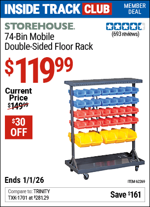 Harbor Freight Coupons, HF Coupons, 20% off - 74 Bin Mobile Double-sided Floor Rack