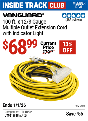 Harbor Freight Coupons, HF Coupons, 20% off - 100 ft. x 12 Gauge Multi-Outlet Extension Cord with Indicator Light