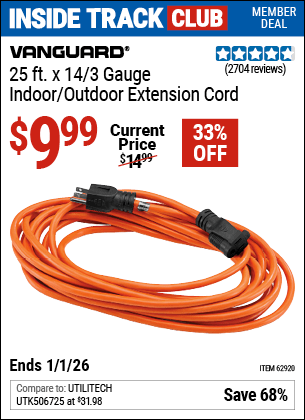Harbor Freight Coupons, HF Coupons, 20% off - VANGUARD 25 ft. x 14/3 Gauge Indoor/Outdoor Extension Cord, Orange for $9.99