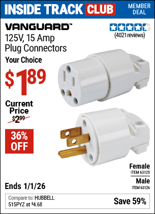 Harbor Freight Coupons, HF Coupons, 20% off - 125 Volt, 15 Amp Male Or Female Connector