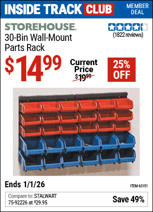 Harbor Freight Coupons, HF Coupons, 20% off - 30 Bin Wall Mount Parts Rack