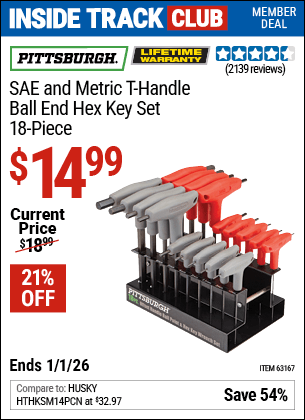 Harbor Freight Coupons, HF Coupons, 20% off - 18 Piece Sae And Metric T-handle Ball End Hex Key Set