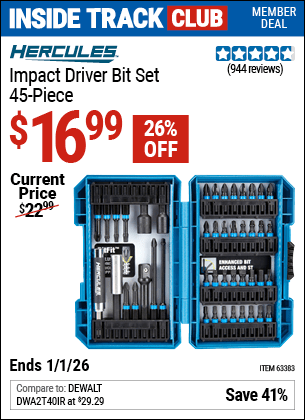 Harbor Freight Coupons, HF Coupons, 20% off - Hercules 45 Piece Impact Drill And Driver Bit Set