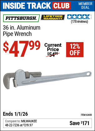 Harbor Freight Coupons, HF Coupons, 20% off - 36 in. Aluminum Pipe Wrench