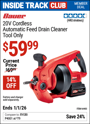 Harbor Freight Coupons, HF Coupons, 20% off - 20v Lithium-Ion Cordless Auto-Feed Drain Cleaner - Tool Only