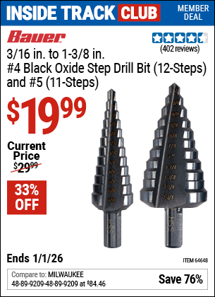 Harbor Freight Coupons, HF Coupons, 20% off - 2 Piece Black Oxide Coated M2 Steel High Speed Step Bits