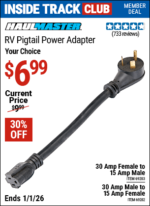 Harbor Freight Coupons, HF Coupons, 20% off - HAUL-MASTER 30 Amp Male to 15 Amp Female RV Pigtail Power Adapter for $7.99