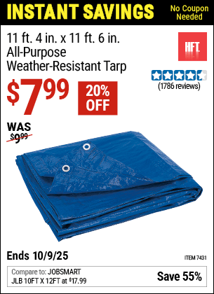 Harbor Freight Coupons, HF Coupons, 20% off - HFT 11 ft. 4 in. x 11 ft. 6 in. Blue All Purpose/Weather Resistant Tarp 