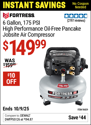 Harbor Freight Coupons, HF Coupons, 20% off - FORTRESS 6 Gallon 175 PSI High Performance Hand Carry Jobsite Air Compressor for $119.99