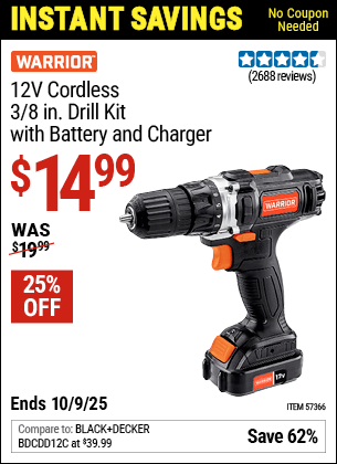 Harbor Freight Coupons, HF Coupons, 20% off - WARRIOR 12V Lithium-Ion 3/8 in. Cordless Drill/Driver for $14.99