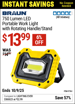 Harbor Freight Coupons, HF Coupons, 20% off - 750 Lumen  Portable Work Light with Rotating Handle/Stand