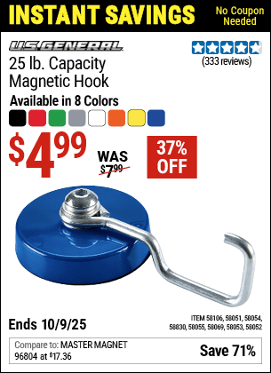 Harbor Freight Coupons, HF Coupons, 20% off - U.S. GENERAL 25 lb. Magnetic Hook for $4.99