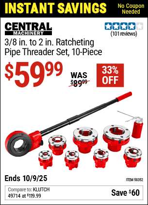 Harbor Freight Coupons, HF Coupons, 20% off - CENTRAL MACHINERY 3/8 in. to 2 in. Ratcheting Pipe Threader Set, 10-Piece for $63.99