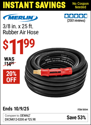 Harbor Freight Coupons, HF Coupons, 20% off - MERLIN 3/8 in. x 25 ft. Rubber Air Hose for $11.99