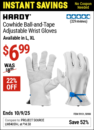 Harbor Freight Coupons, HF Coupons, 20% off - HARDY Cowhide Ball and Tape Adjustable Wrist Gloves, X-Large for $4.99