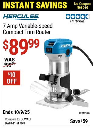 Harbor Freight Coupons, HF Coupons, 20% off - HERCULES 1/4 in. Variable-Speed Compact Trim Router for $64.99