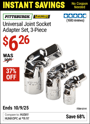 Harbor Freight Coupons, HF Coupons, 20% off - 3 Piece Universal Joint Socket Adapter Set