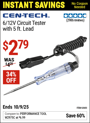 Harbor Freight Coupons, HF Coupons, 20% off - 6/12v Circuit Tester With 5 Ft. Lead