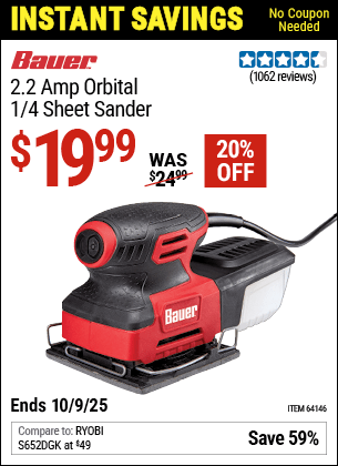 Harbor Freight Coupons, HF Coupons, 20% off - 2.2 Amp 1/4 Sheet Heavy Duty Palm Finishing Sander