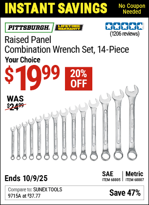 Harbor Freight Coupons, HF Coupons, 20% off - Raised Panel SAE Combination Wrench Set, 14 Pc.