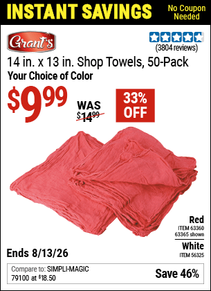 Harbor Freight Coupons, HF Coupons, 20% off - 14 in. x 13 in. White Shop Towels, 50 Pk.