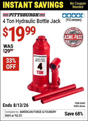 Harbor Freight Coupons, HF Coupons, 20% off - PITTSBURGH 4 Ton Hydraulic Bottle Jack for $17.99