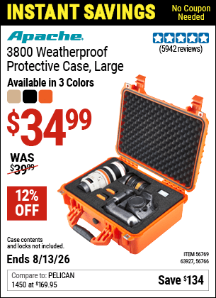 Harbor Freight Coupons, HF Coupons, 20% off - APACHE 3800 Weatherproof Protective Case for $28.99